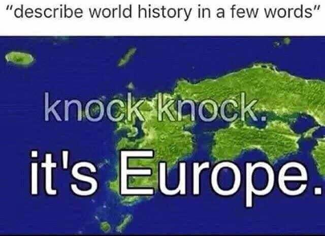 The meme is a simple, humorous image of a map of Europe with a red "X" marked through it. The text overlayed on the image reads "knock knock" and then "who's there?" followed by "Europe". The punchline is that the response to "who's there?" is a play on words, with the answer being "it's Europe" - a clever and lighthearted joke about the continent's name.
